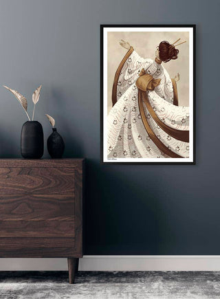 Framed White Elegance Geisha - Kate Aitana art print displayed on a dark gray wall above a dresser.