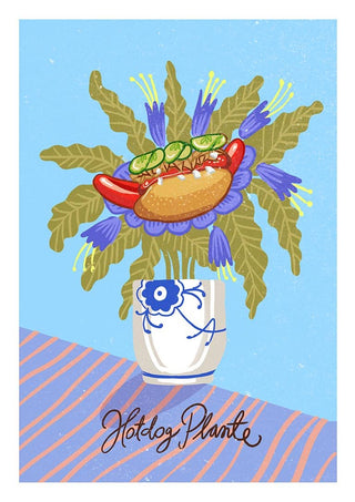 Illustration of a hotdog with toppings as the blossom of a plant in a vase, labeled "Hotdog Plante."