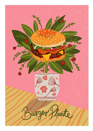 Illustration of a burger with leaves and berries in a vase, styled as a plant. Text reads "Burger Plante".