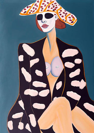 Contemporary artwork of a woman in spotted attire and hat from "I Got A Feeling" by Tara Green.