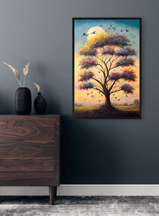 Framed artwork "I Think I'm All Alone" by David Wolf featuring a colorful tree, displayed above a wooden dresser.