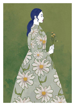 Illustration of a woman in a floral dress holding yellow flowers, from Search For Your Smile by Elara Monet.