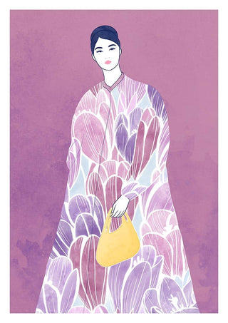 Illustration of a woman in a floral-patterned dress holding a yellow bag, featured for This Love Of Mine - Elara Monet.