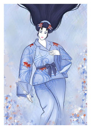 Illustration of a Japanese woman in a blue kimono with koi fish, featured on "The Japanese Woman" by Kate Aitana.