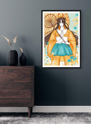 Framed "Japanese Strength - Kate Aitana" artwork featuring a woman in traditional attire with an umbrella.