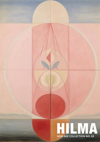 Abstract geometric artwork in soft pinks and reds, featured on the Hilma No 03 - Tara Green product page.