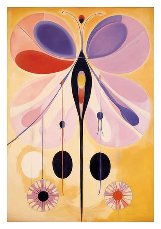 Abstract butterfly artwork in pink, purple, and black on a yellow background for Fly Butterfly - Tara Green.