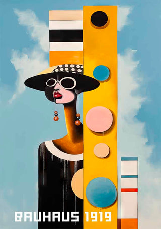 Abstract portrait of a woman in sunglasses and hat, geometric Bauhaus shapes, "BAUHAUS 1919" text below.