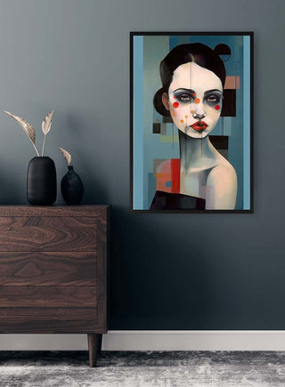 Framed "I See You" by Tara Green displayed on a dark wall above a wooden dresser with minimalist decor.
