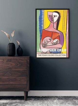 Corbusier Child - Tara Green art print framed on a dark wall above a wooden dresser with decorative vases.
