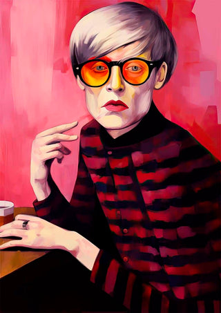 A stylized portrait of Mr. Andy Warhol - Tara Green wearing orange glasses and a striped shirt against a pink background.