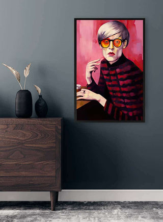 Framed artwork of Mr. Andy Warhol - Tara Green on a dark wall above a wooden sideboard with decorative vases.