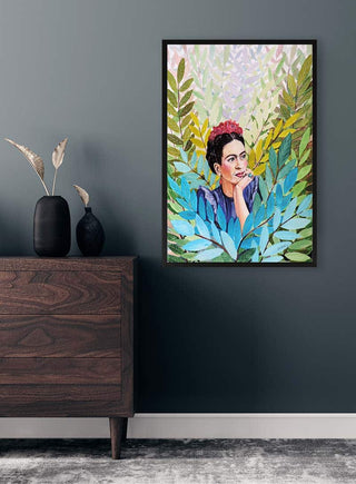 Framed "Ce Regard PosAc Sur Moi" by Sylvie Demers displayed on a dark wall above a wooden dresser.