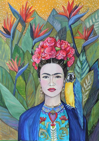 Colorful portrait of a woman with flowers in her hair, parrot on shoulder, and tropical leaves background.