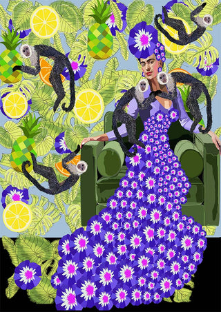 Woman in a purple flower dress sits on a green chair, surrounded by monkeys and tropical fruit illustrations.