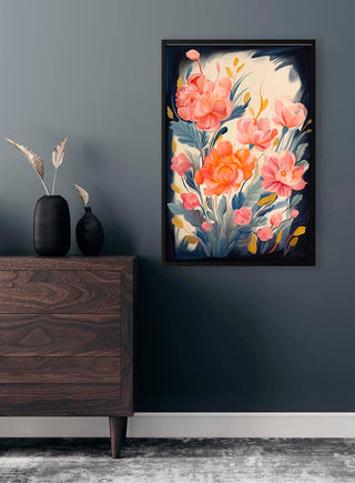 Framed artwork of pink roses by Kate Aitana hanging on a gray wall above a wooden dresser.
