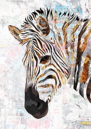 Artistic zebra illustration with gold and black grunge accents on a textured white background.
