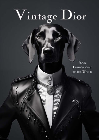 A stylish dog in a leather jacket and ruffled shirt poses under the Vintage Dior logo on a dark background.