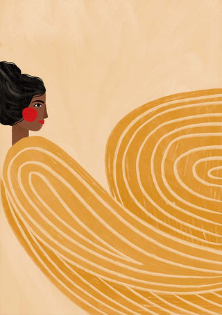 Illustration of a woman with dark hair and orange stripes, featured on The Woman With the Orange Stripes product page.
