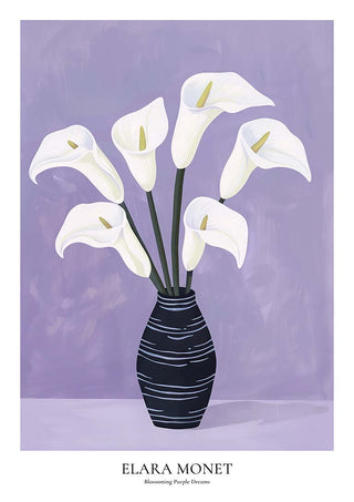 A striped vase holds white calla lilies against a soft purple background for Blossoming Purple Dreams by Elara Monet.