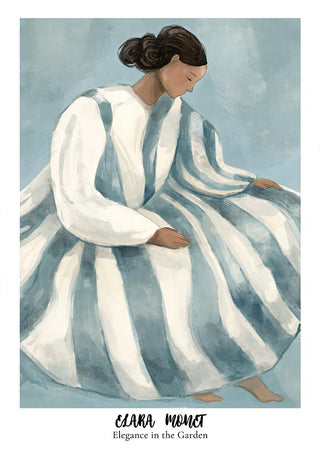 Painting of a woman in a flowing striped dress, "Elegance in the Garden" by Elara Monet.