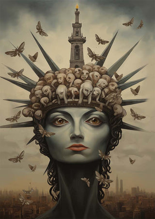 Surreal portrait of a woman with a crown of faces, a lighthouse, and flying moths; cityscape background.