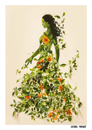 Art print of a woman with a dress and body made of green leaves and orange flowers, titled The Garden Muse.