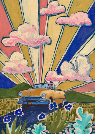 A yellow convertible drives through a colorful landscape with sun rays and pink clouds, from Starlight by Eleanor Baker.