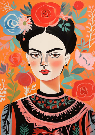 Colorful portrait of a woman with floral accents, by Martin Zen, featured on My Favorite Mexican Artist product page.