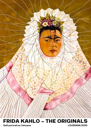Frida Kahlo self-portrait as Tehuana with intricate headdress, featured on a product page.