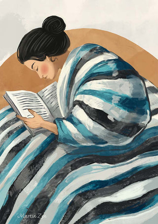 Illustration of a woman wrapped in a striped blanket reading, from Eyes Are Made For Reading by Martin Zen.