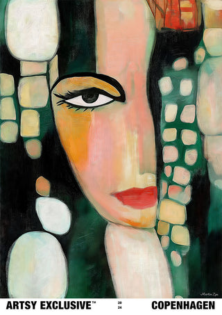 Abstract portrait of a woman's face in bold colors by Martin Zen, featured on the Femininity product page.