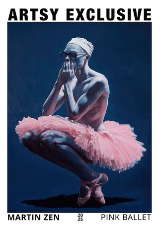 A male ballet dancer in a pink tutu and headwrap poses thoughtfully against a dark background.