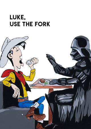 Cartoon of a cowboy eating with his hands as a masked figure says, "Luke, use the fork."