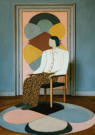 Abstract art of a figure sitting on The Chair by David Wolf, with geometric patterns in the background.