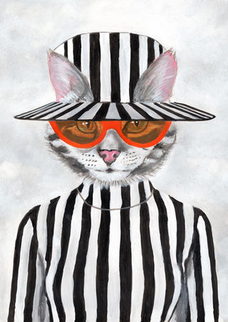 Cat wearing orange sunglasses, a striped hat, and matching striped outfit on a light background.