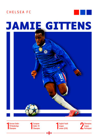 Poster of Jamie Gittens in Chelsea kit, with team colors and accomplishments shown at the bottom.