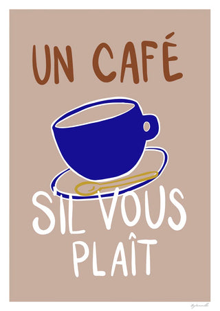 A blue coffee cup illustration with the text "UN CAFÉ S'IL VOUS PLAÎT" on a beige background.