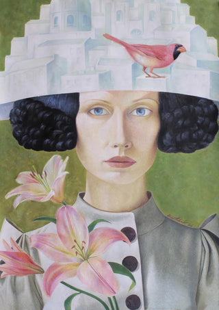 Surreal portrait of a woman with black curls, lilies, and a city-like hat topped with a red bird.