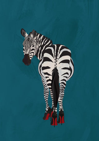 Illustration of a zebra wearing red high heels, set against a teal background.