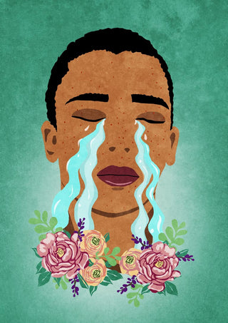 Illustration of a boy crying with flowers around his neck, inspired by Boys do cry - Raissa Oltmanns.