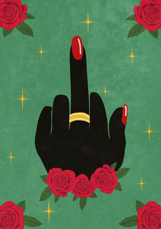 Illustration of a hand with red nails showing the middle finger, surrounded by roses and golden stars.