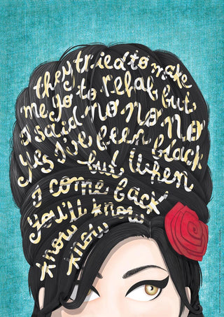 Illustration of a woman's face with song lyrics in her hair, shown on the Rehab - Nour Tohme product page.