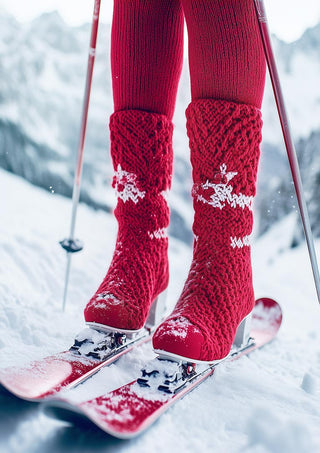 Person wearing red knit leg warmers and boots on skis in snowy mountains, showcasing Ski Glamour Red.