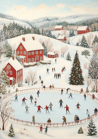 People ice skating on a rink surrounded by snow, red houses, pine trees, and a decorated Christmas tree.