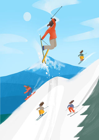 Illustration of girls skiing on a snowy mountain, with one girl jumping high in mid-air under a bright blue sky.