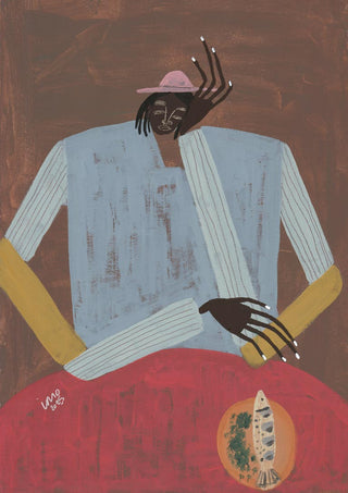 Abstract illustration of a person in a hat sitting at a table with a plate of fish, for Clear My Head - Studio IMO.