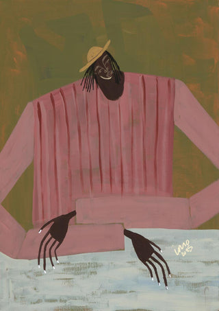 Painting of a figure in a pink shirt and straw hat with elongated arms, seated at a table; Studio IMO.