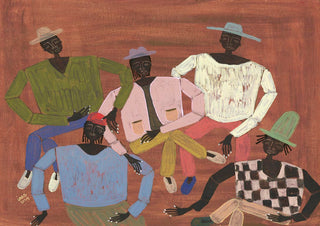 Illustration of five people in colorful outfits and hats sitting together, featured for Long Time No See - Studio IMO.