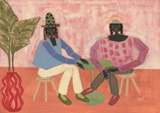 Two people sit together on stools by a plant, sharing conversation in an abstract, colorful studio setting.